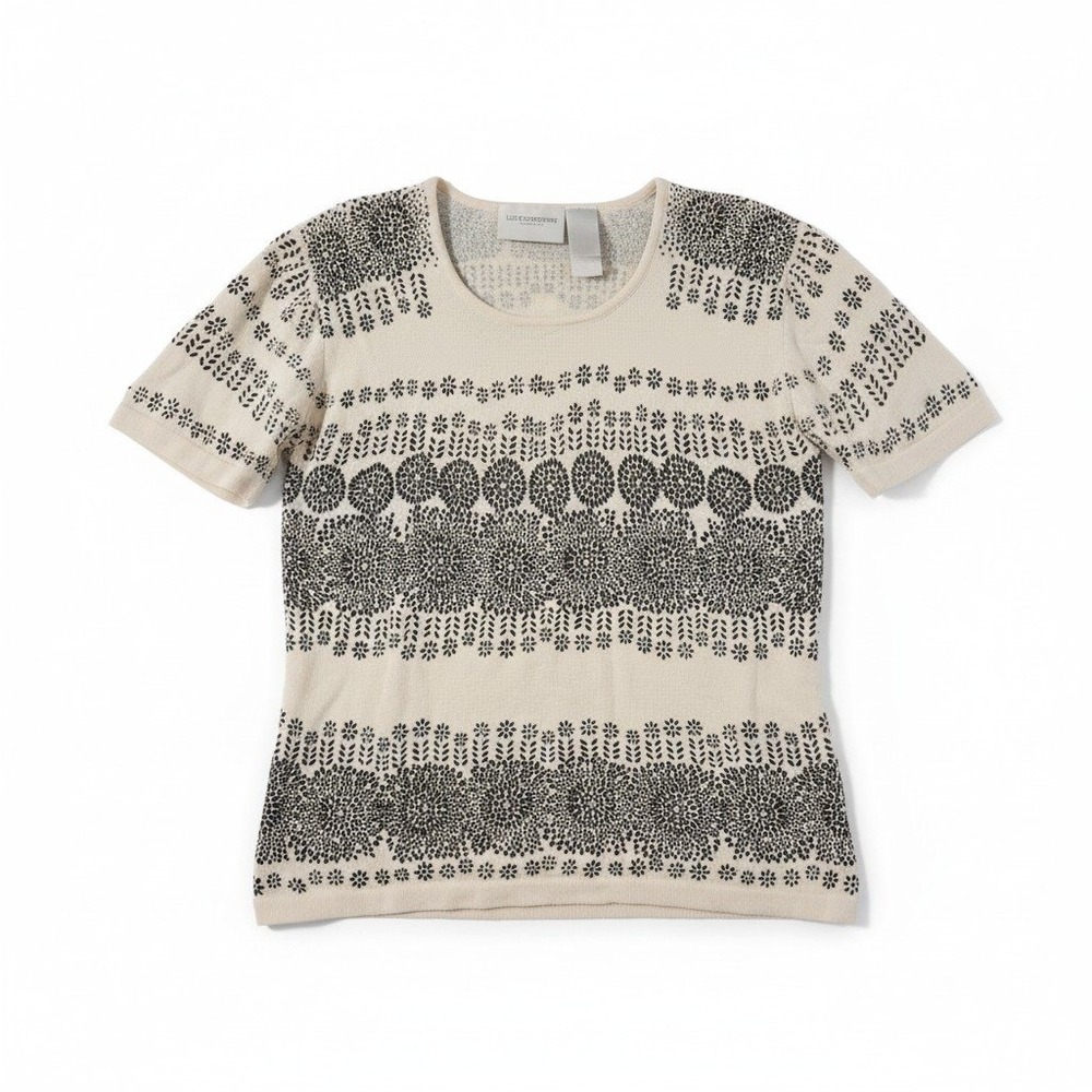 Liz Claiborne Lizsport White Navy Blue‎ Floral Knit Top, Women's Small